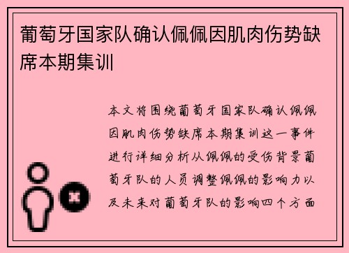 葡萄牙国家队确认佩佩因肌肉伤势缺席本期集训